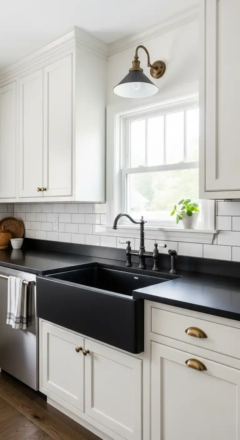 Kitchen with Black Color Countertop: 17 Stunning Ideas for a Bold Look 13 12 Black Sink with Off White Cabinets
