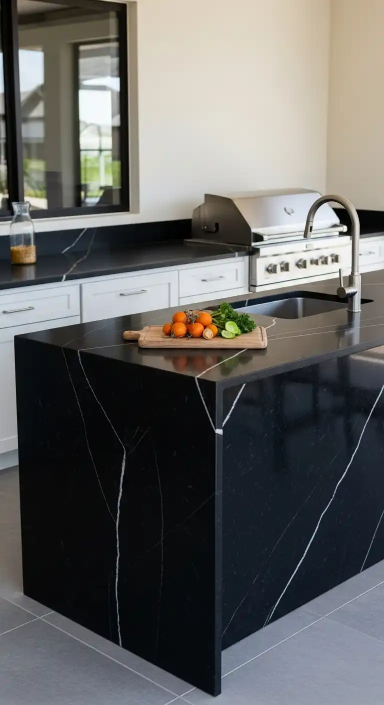 Kitchen with Black Color Countertop: 17 Stunning Ideas for a Bold Look 14 13 Durable Black Quartzite for Outdoor Kitchen
