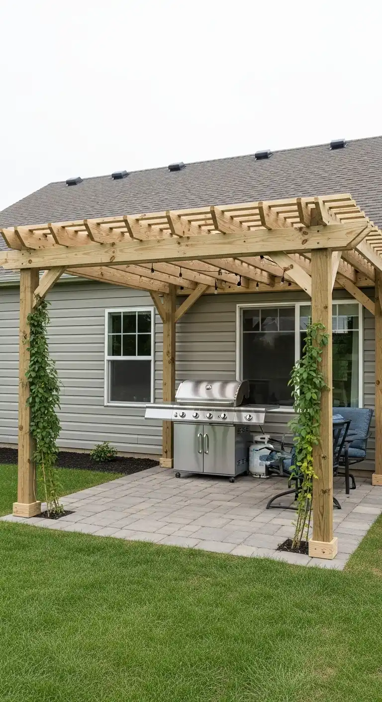19 Practical Cheap Outdoor Kitchen Ideas to Transform Your Patio Space 14 13 Install a Simple Pergola for Shade