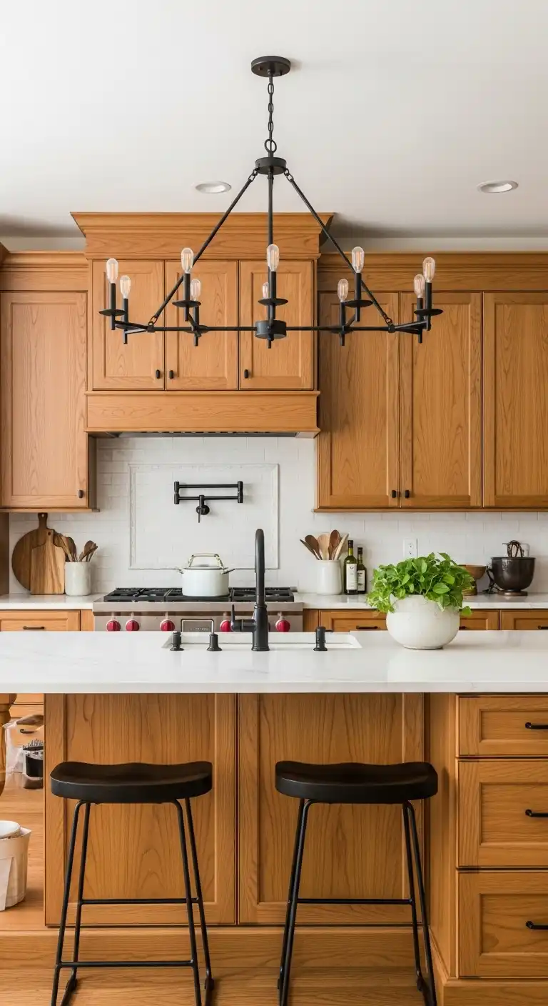 17 Stunning Orange Oak Cabinet Makeover Ideas 14 13 Use a Statement Lighting
