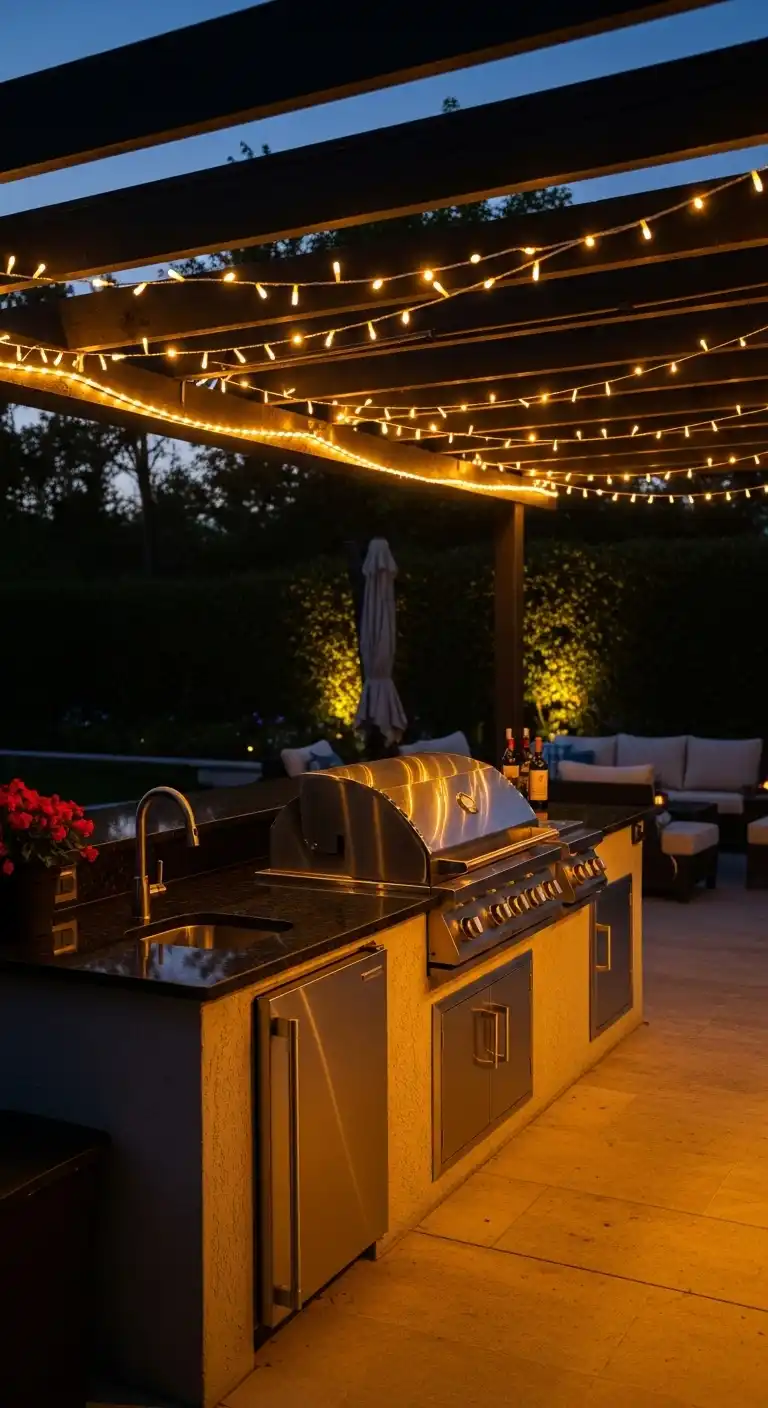 19 Practical Cheap Outdoor Kitchen Ideas to Transform Your Patio Space 16 15 Add String Lighting for Ambiance
