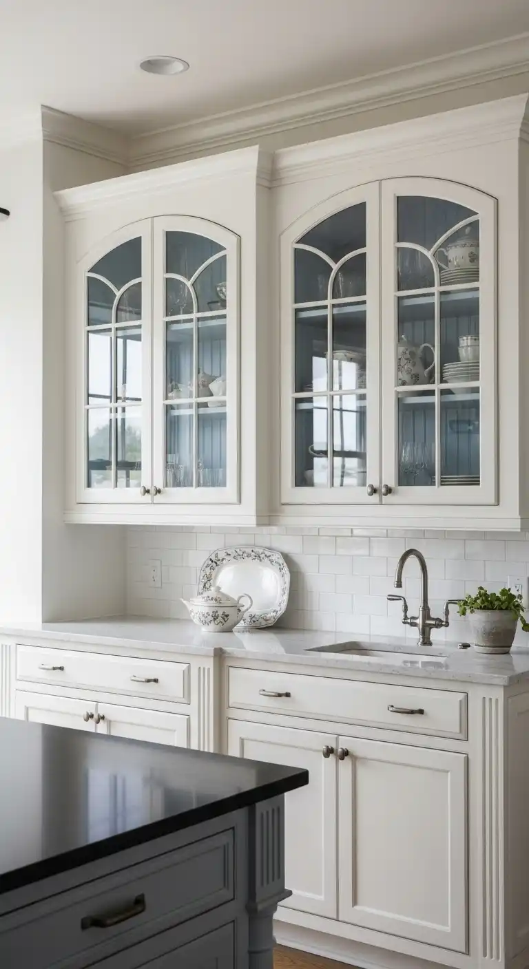 33 Elegant French Countryside Kitchen Ideas with Timeless Appeal 21 20 Glass Front Cabinets