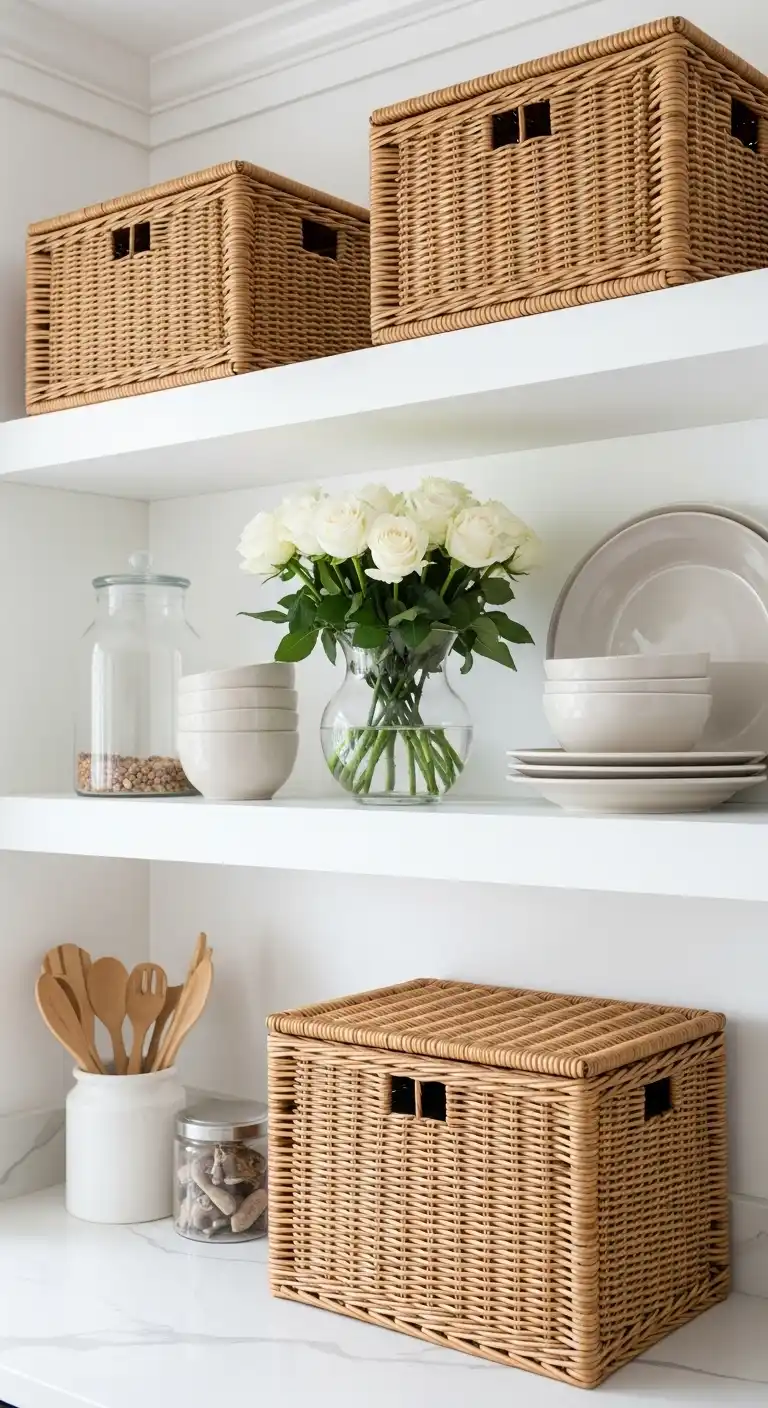 Kitchen Shelf Decor Ideas: 27 Ways to Style Every Nook 23 22. Elegant Wicker and White