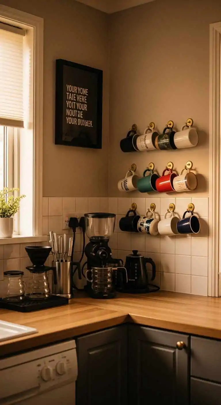 21 Inviting Kitchen Counter Corner Decor Ideas 25 24 Hanging Wall Hooks with Mugs