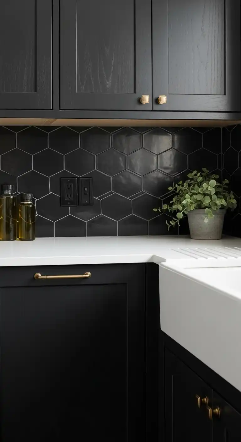 21 Elegant Kitchen Backsplash Designs with Dark Cabinets 4 3 Black Hexagon Tiles