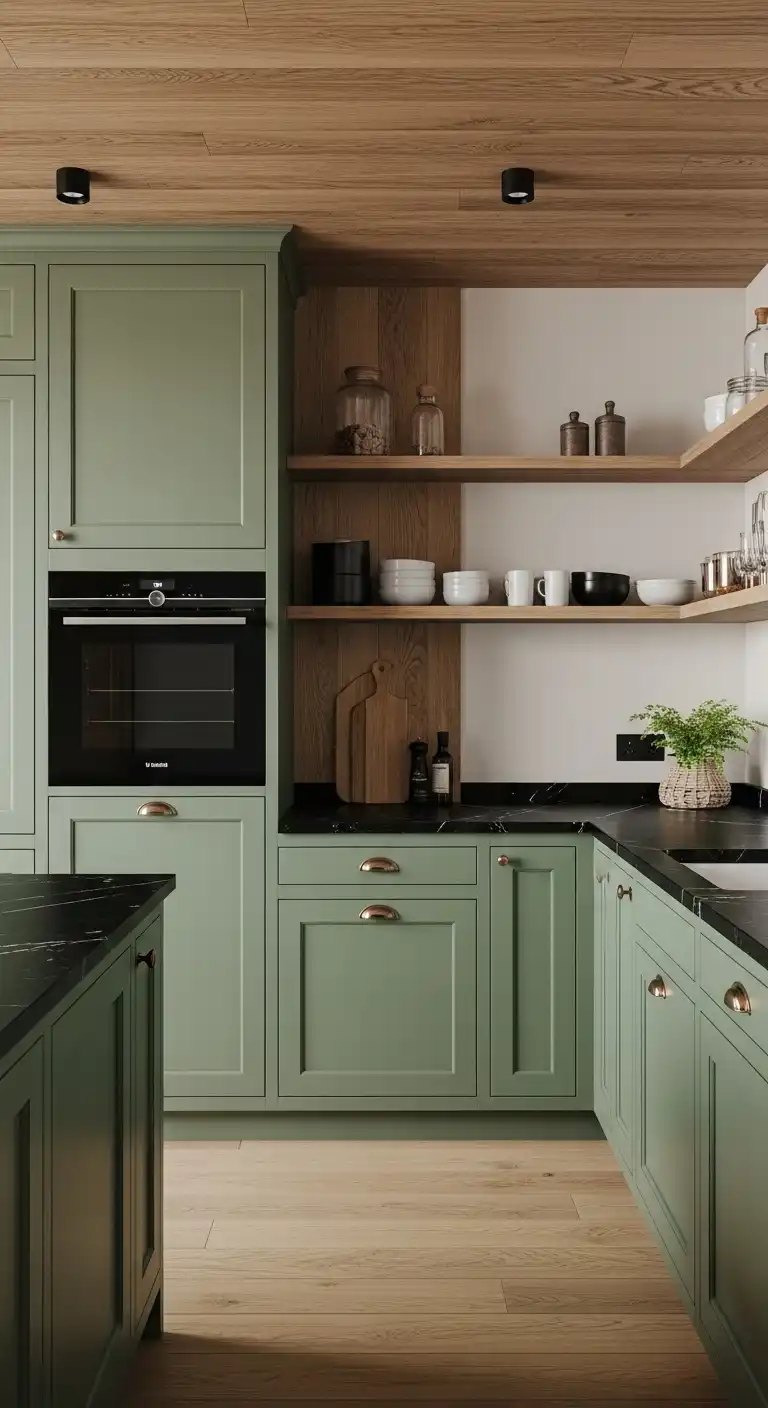 Kitchen with Black Color Countertop: 17 Stunning Ideas for a Bold Look 4 3 Modern Mix with Green Cabinets