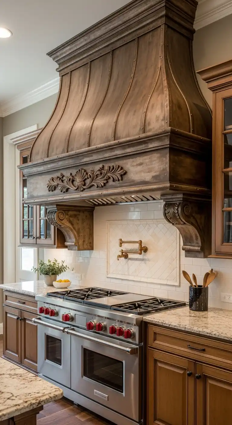 21 Elegant French Chateau Kitchen Ideas That Redefine Rustic Luxury 4 3 Ornate Range Hoods as Focal Points
