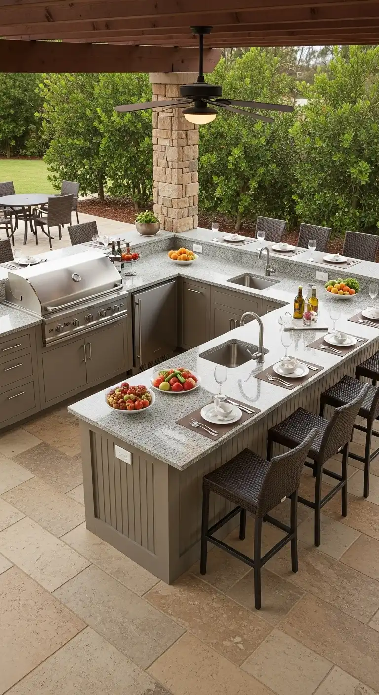 30 Functional Backyard Outdoor Kitchen Layouts You'll Love 4 3 U Shaped Entertainment Hub