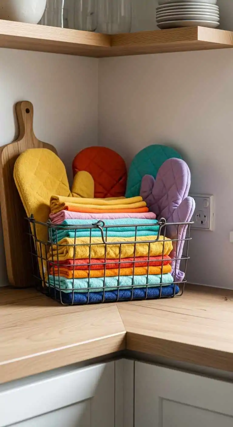 21 Inviting Kitchen Counter Corner Decor Ideas 31 30 Wire Basket with Linens