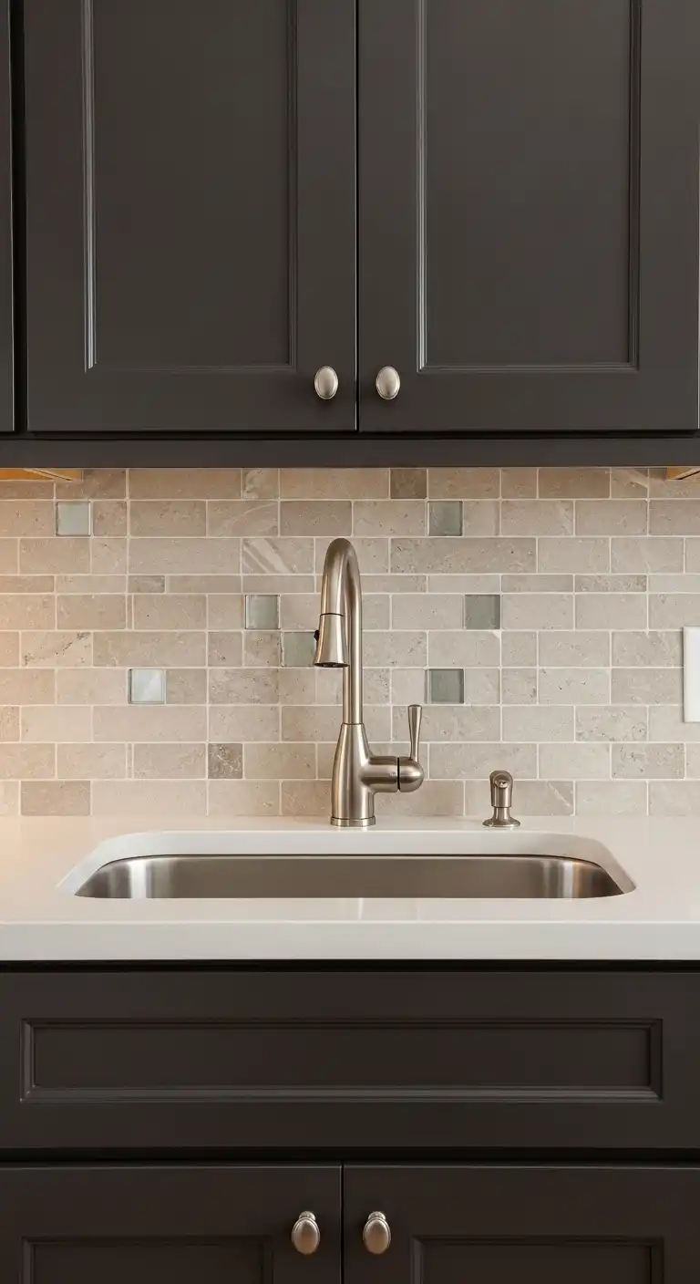 21 Elegant Kitchen Backsplash Designs with Dark Cabinets 5 4 Glass Mosaic in Neutral Tones