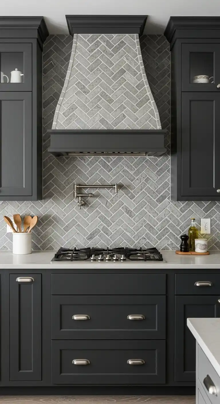 21 Elegant Kitchen Backsplash Designs with Dark Cabinets 6 5 Herringbone Pattern in Gray Stone