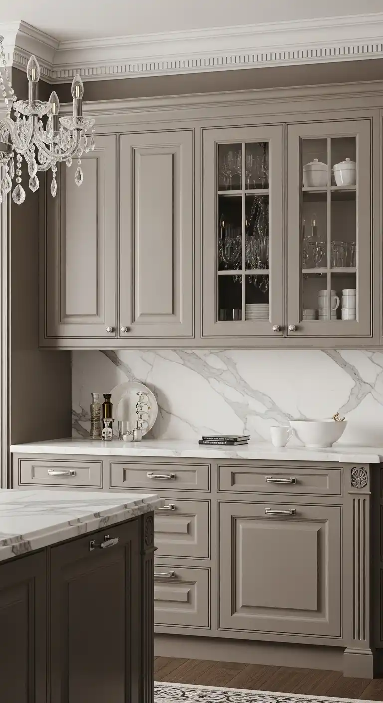 18 Elegant Taupe Kitchen Cabinets That Blend Warmth and Class 6 5 Raised Panel Taupe with Crystal Chandeliers