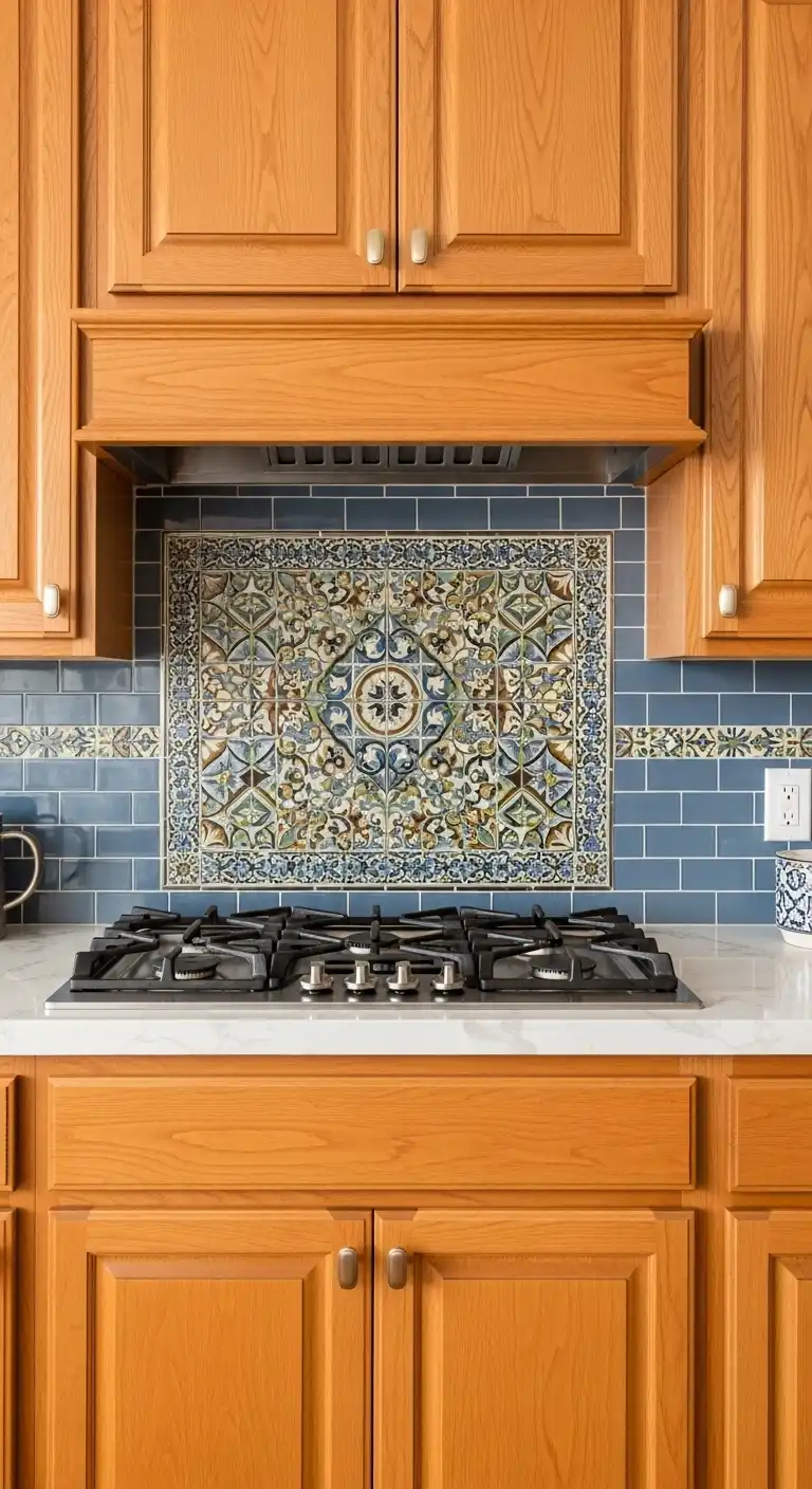 17 Stunning Orange Oak Cabinet Makeover Ideas 7 6 Add a Patterned Backsplash