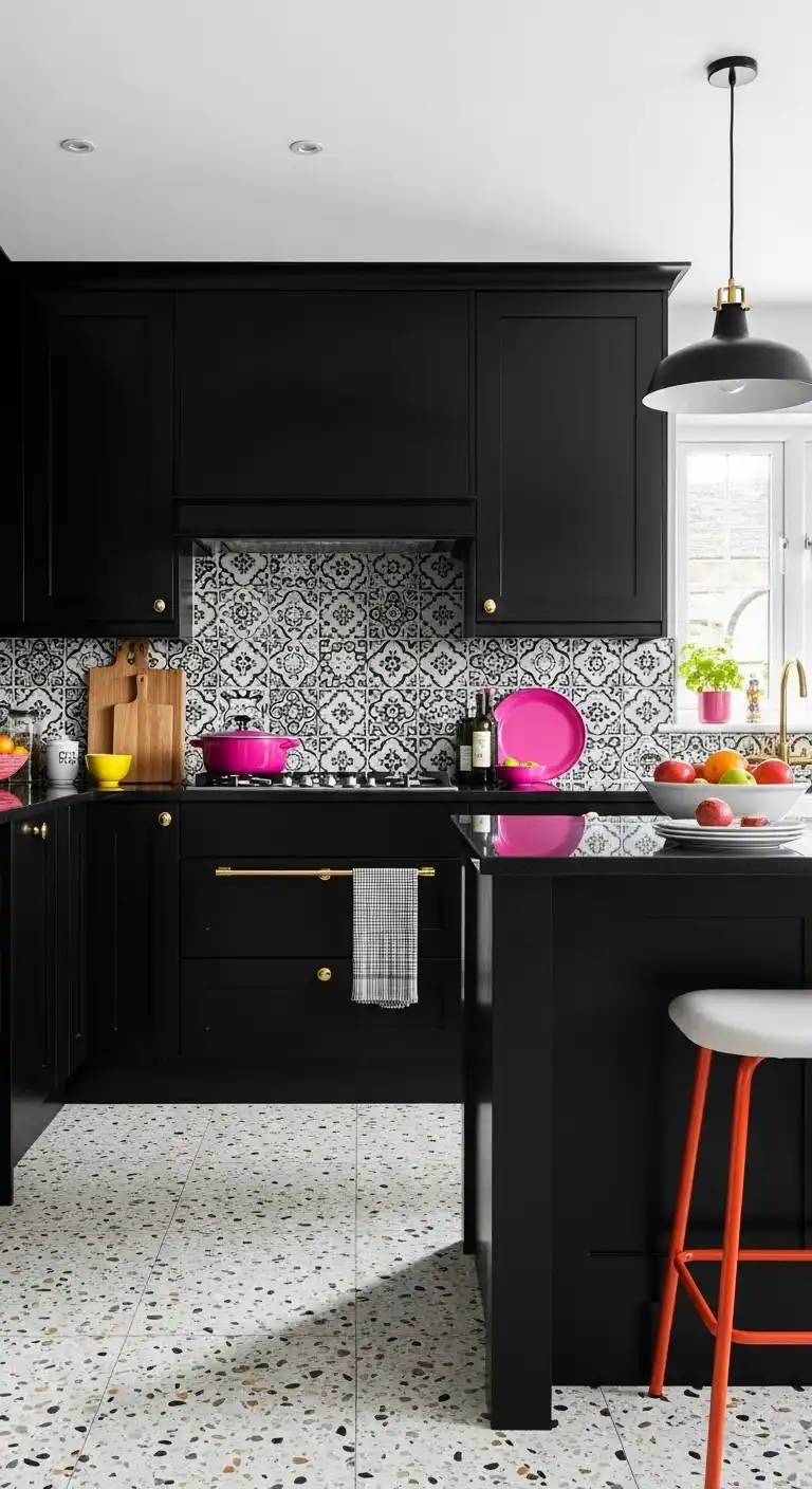 Kitchen with Black Color Countertop: 17 Stunning Ideas for a Bold Look 7 6 Graphic Focal Point