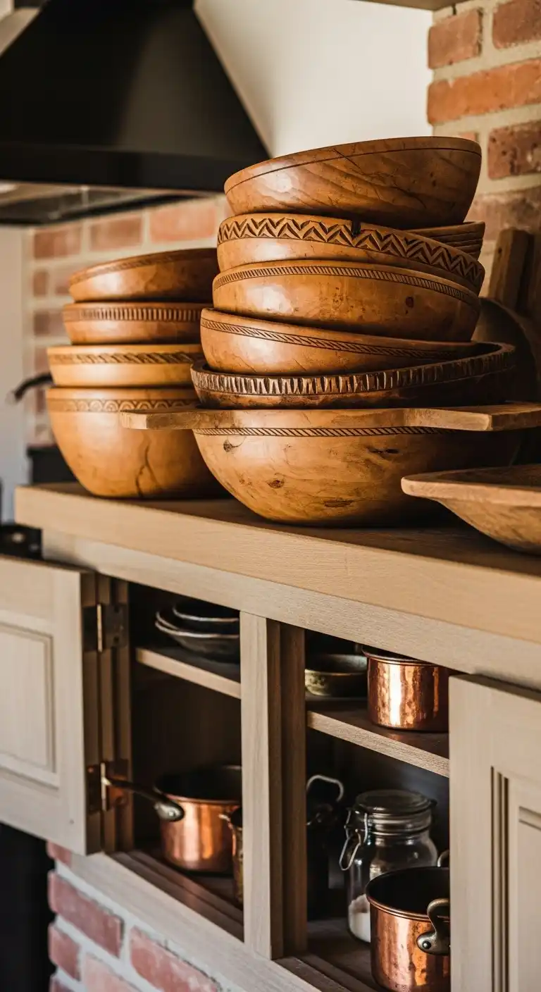 Above Kitchen Cabinet Decor Ideas: 21 Creative Styling Tips 7 6. Sculptural Wooden Bowls