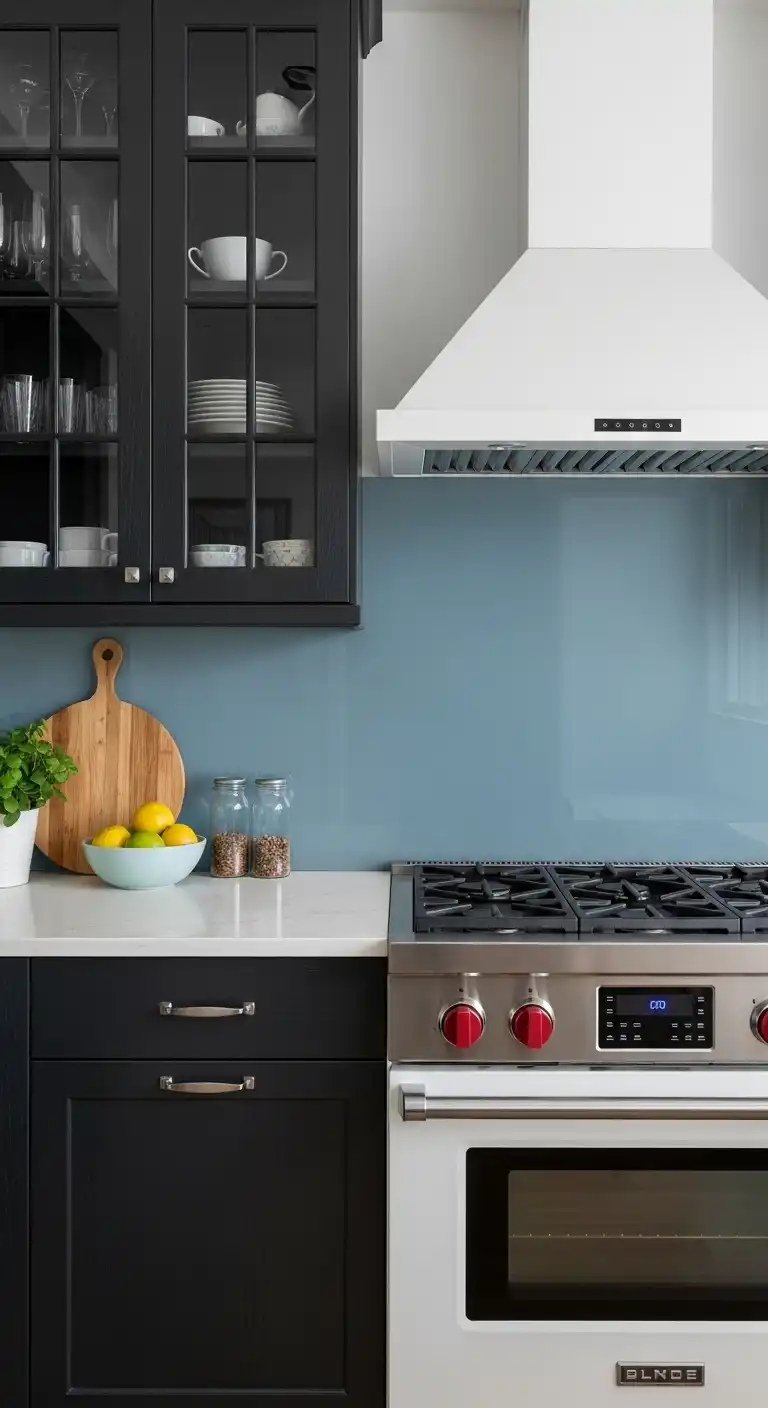 21 Elegant Kitchen Backsplash Designs with Dark Cabinets 8 7 Blue Gray Glass Sheet