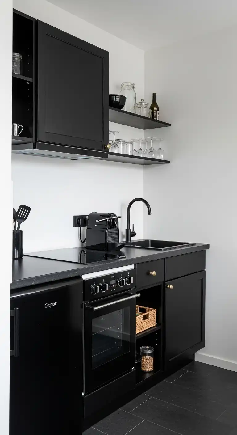 Kitchen with Black Color Countertop: 17 Stunning Ideas for a Bold Look 8 7 Cohesive Small Space