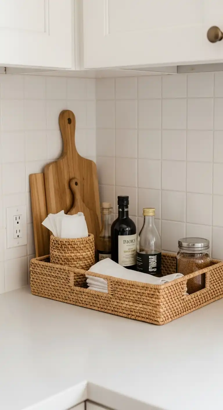 20 Inviting Kitchen Counter Corner Decor Ideas 8 7 Woven Basket Tray