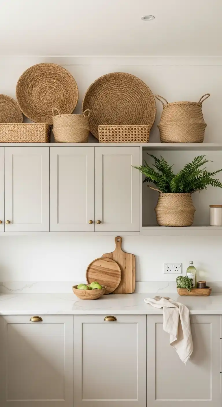 Above Kitchen Cabinet Decor Ideas: 21 Creative Styling Tips 8 7. Woven Baskets with