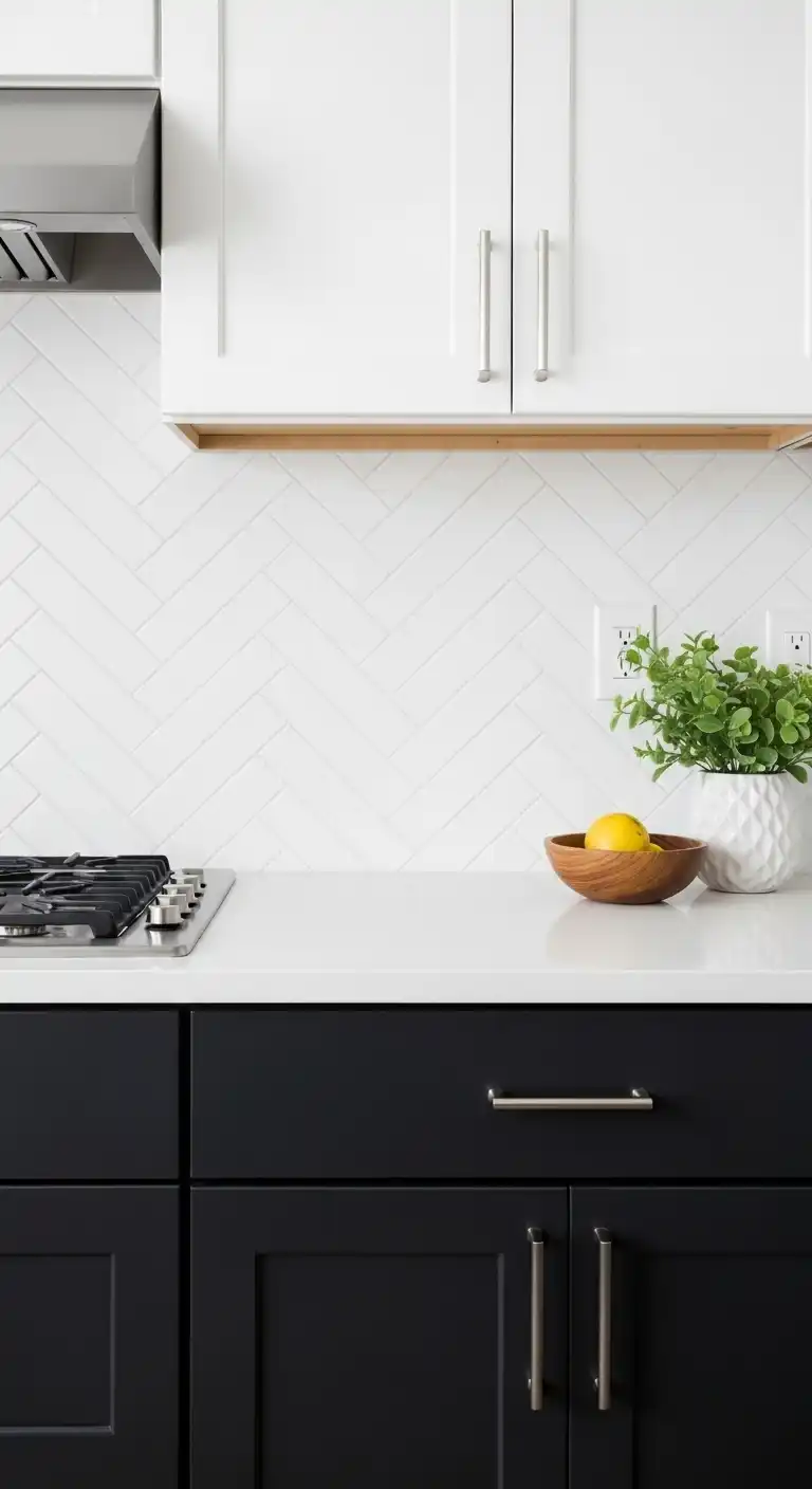 21 Elegant Kitchen Backsplash Designs with Dark Cabinets 9 8 Chevron Pattern in White Ceramic