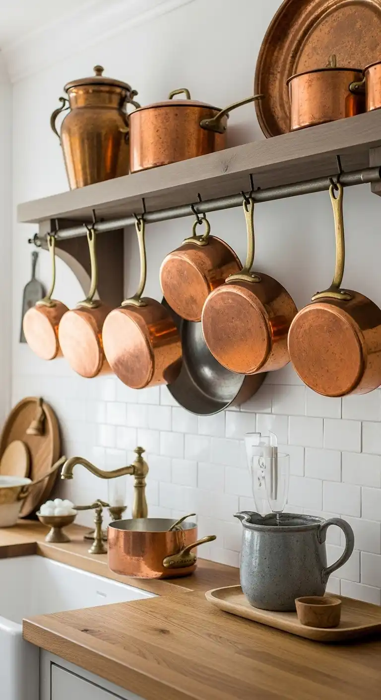 21 Elegant French Chateau Kitchen Ideas That Redefine Rustic Luxury 9 8 Copper Cookware as Decorative Accents