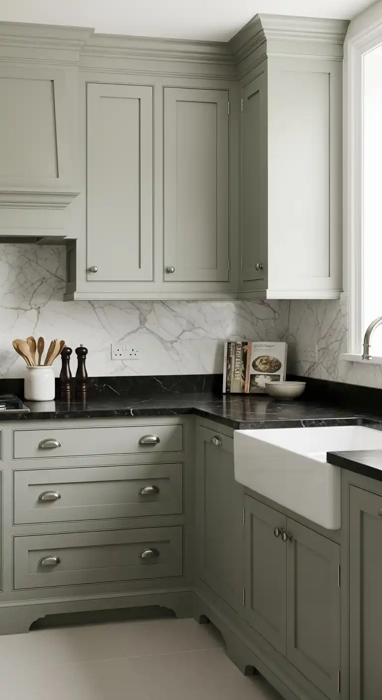 Kitchen with Black Color Countertop: 17 Stunning Ideas for a Bold Look 10 9 Traditional with Muted Green