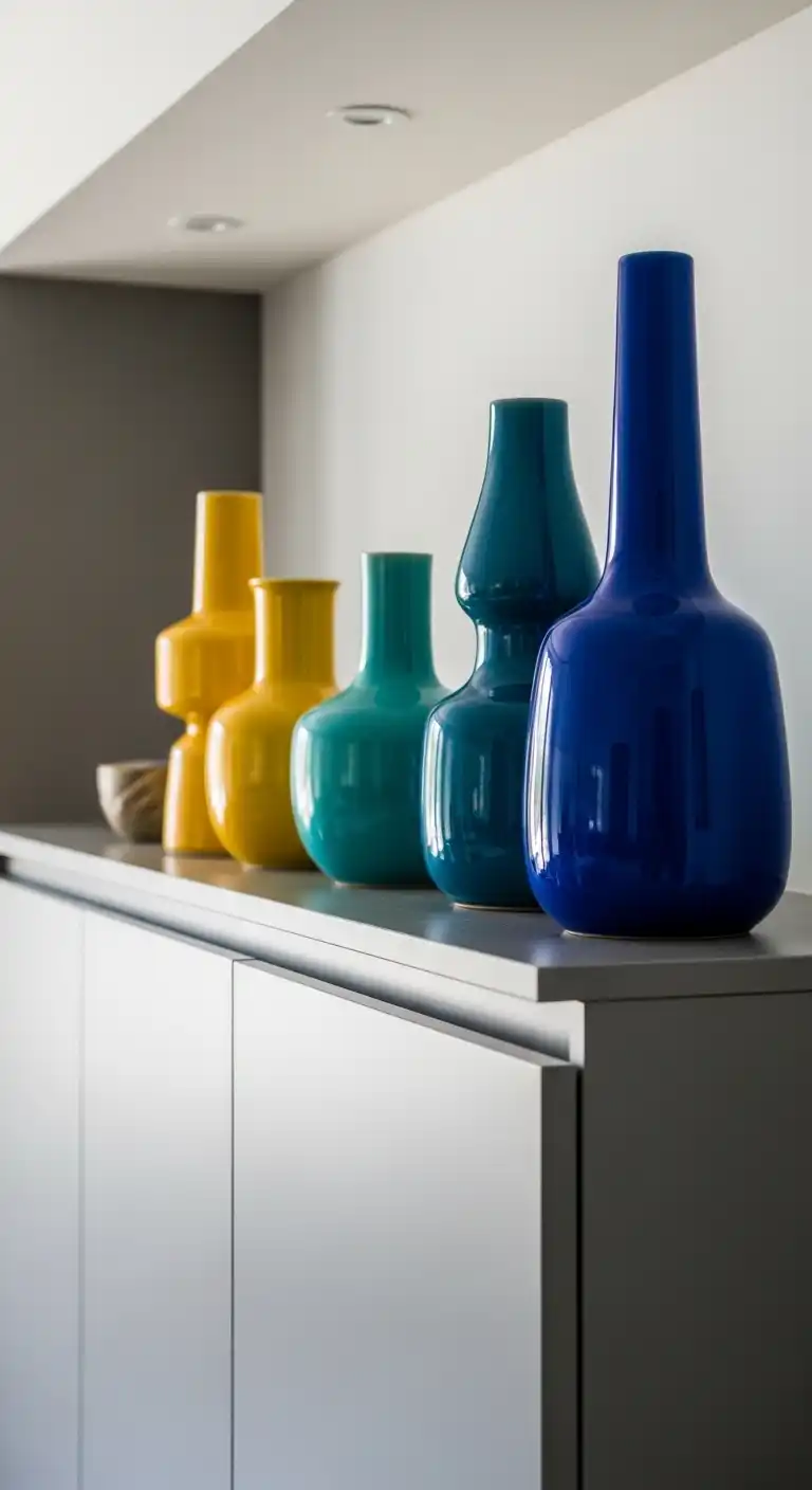Above Kitchen Cabinet Decor Ideas: 21 Creative Styling Tips 10 9. Colorful Ceramic Vases