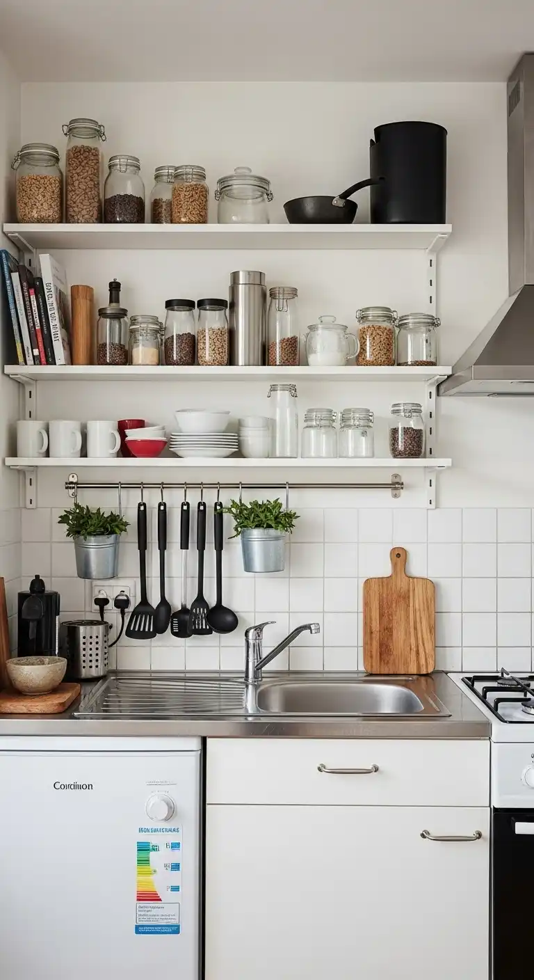 1) Install open shelving to keep essentials visible and accessible