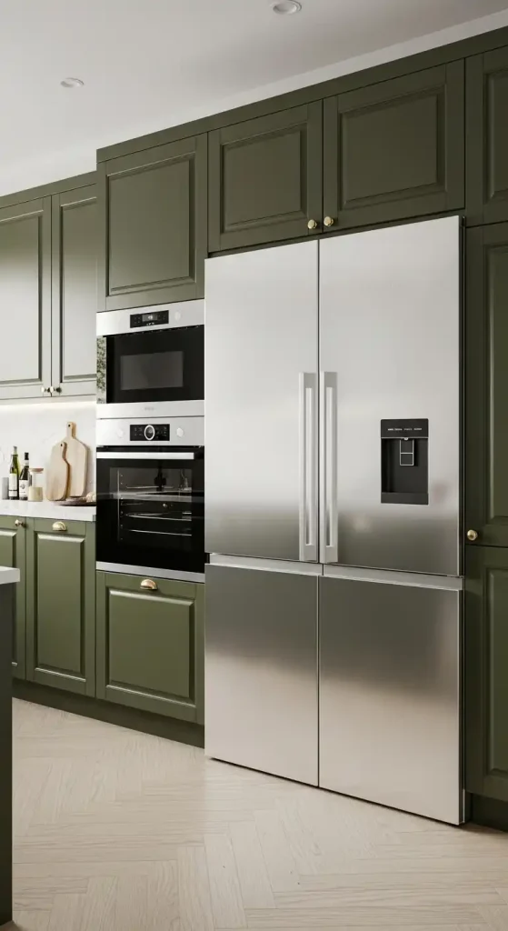 10. Dark Olive Green Cabinets Matched with Stainless Steel Appliances