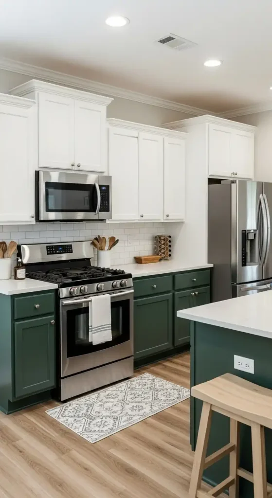 11. Two-Tone Kitchen with Dark Green Lower Cabinets and White Upper Cabinets