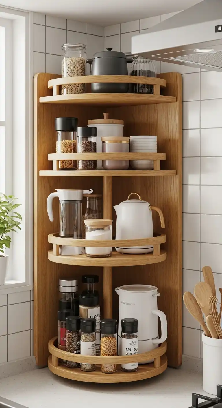 12) Use corner shelves or lazy Susans to utilize awkward corners