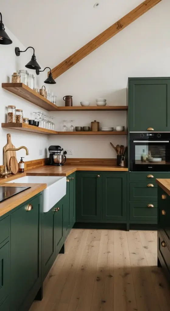 12. Dark Green Kitchen with Natural Wood Accents