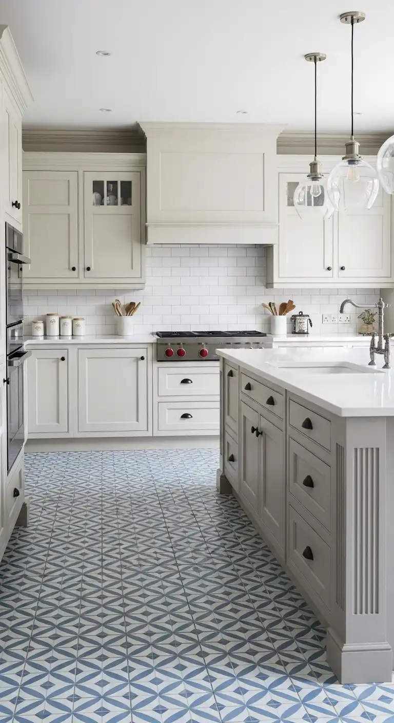 13) Cream Cabinets with Patterned Tile Flooring