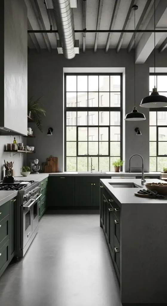 13. Dark Green Cabinetry Combined with Concrete Countertops