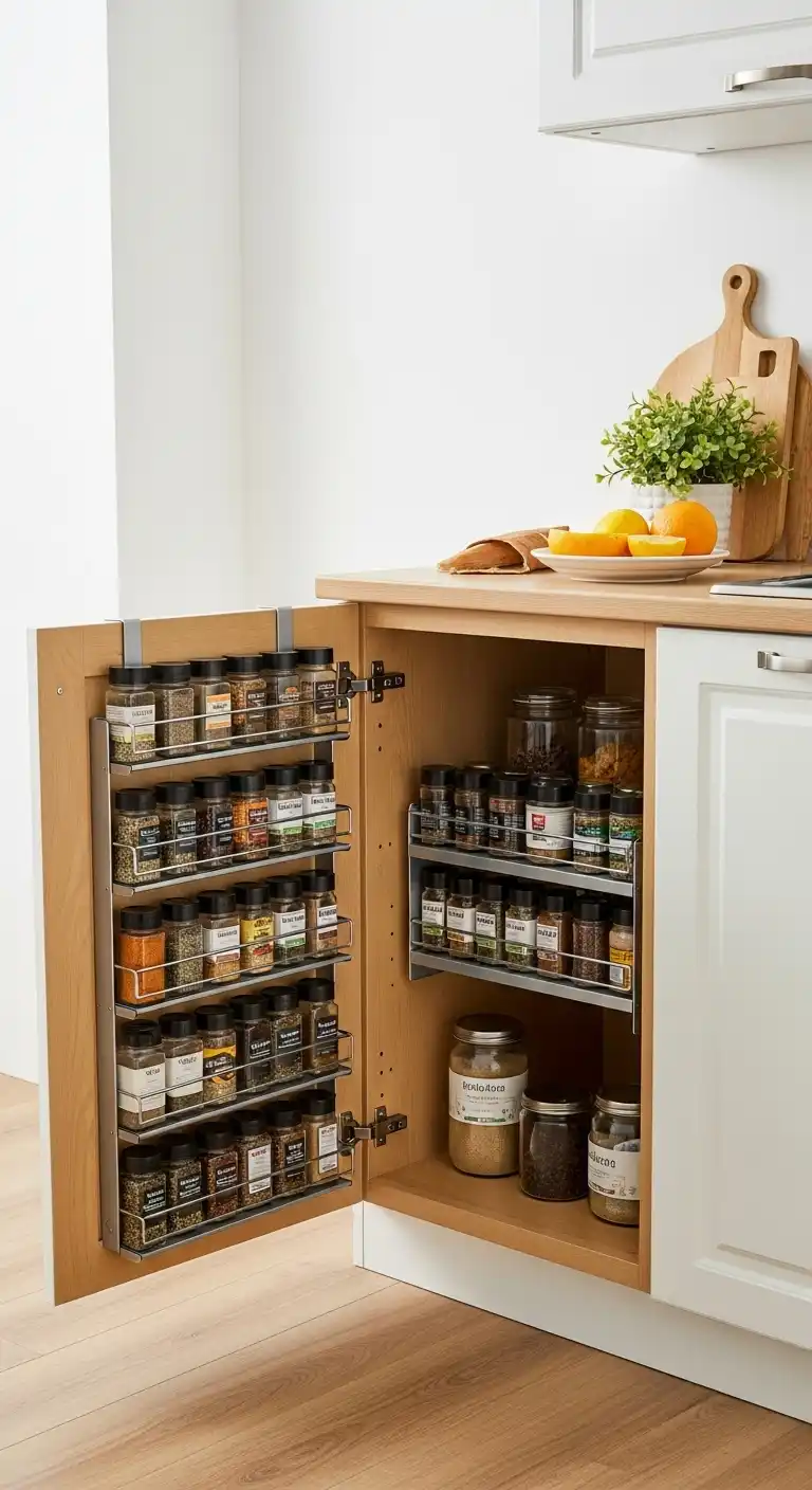 14) Mount spice racks on inside cabinet doors to save counter space
