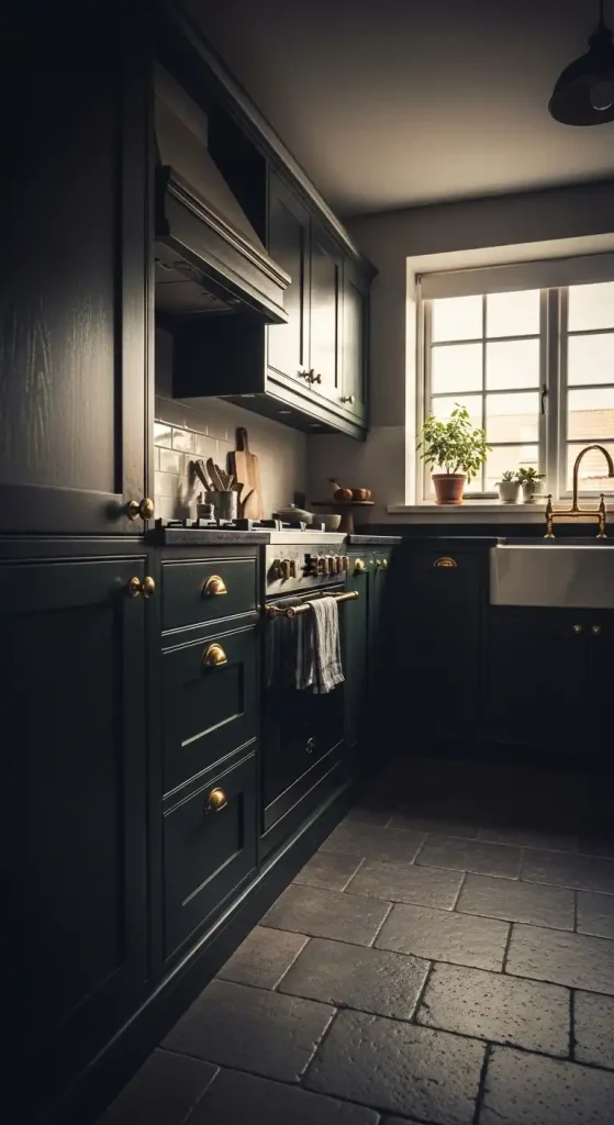 14. Moody Dark Green Kitchen with Vintage Brass Fixtures