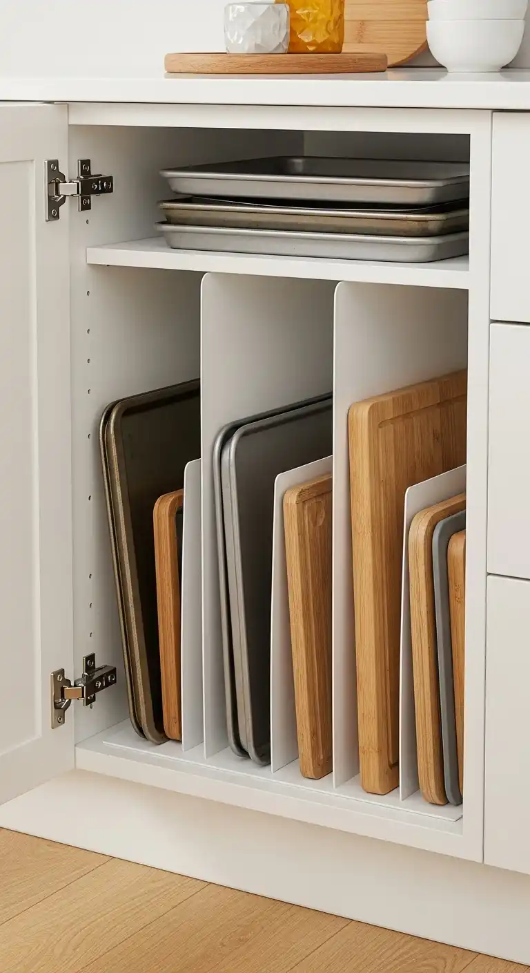 15) Use vertical dividers in cabinets for baking sheets and cutting boards