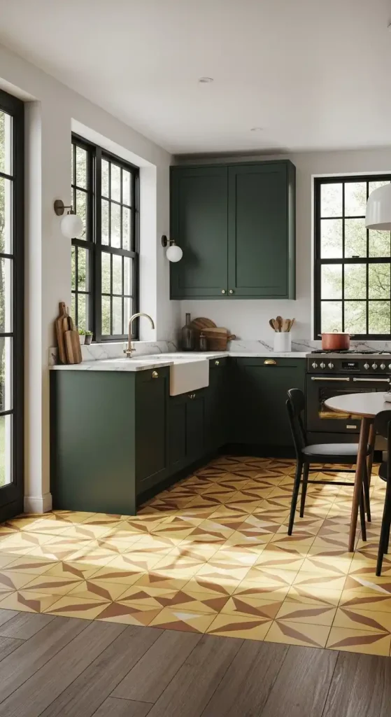 15. Dark Green Cabinets with Geometric Patterned Floor Tiles