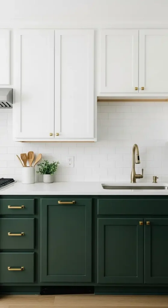 16. Dark Green and White Kitchen with Brass Drawer Pulls