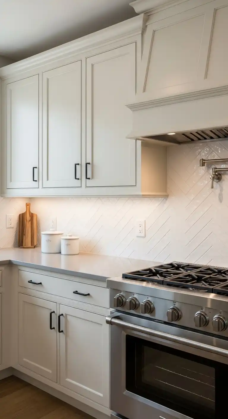 17) Cream Cabinets with Textured Backsplash
