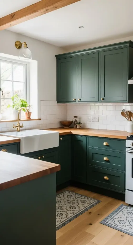 17. Dark Green Kitchen with Butcher Block Countertops