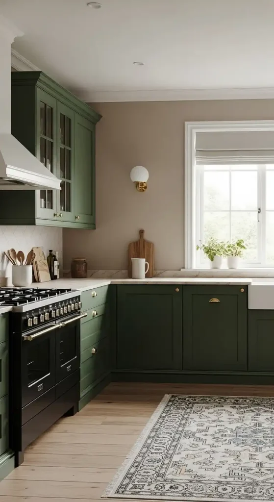 18. Dark Green Kitchens Paired with Warm Neutral Walls