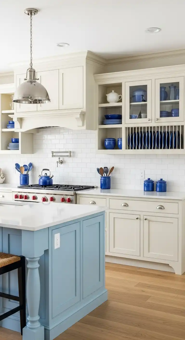 19) Cream Cabinets with Blue Accents