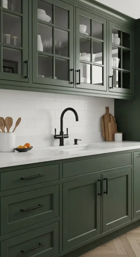 19. Dark Green Cabinets with Matte Black Hardware