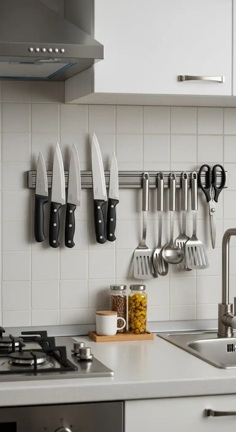 2) Use magnetic strips to store knives and metal utensils vertically