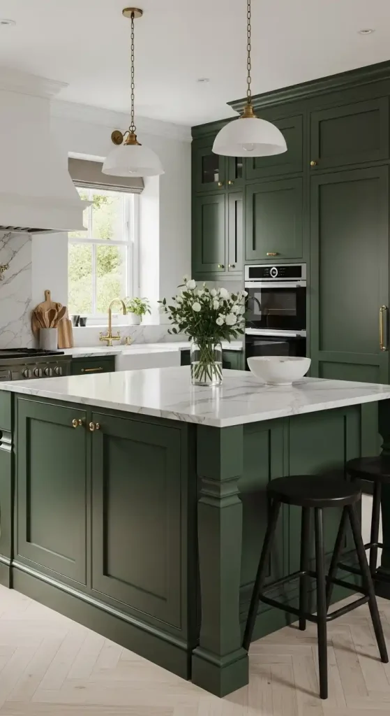 2. Forest Green Kitchen Island with Marble Countertop