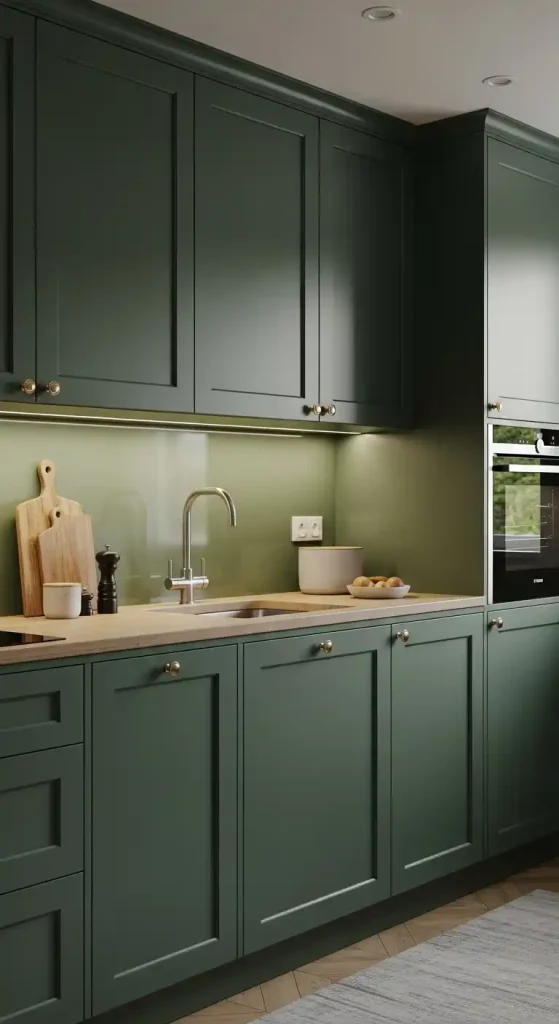 20. Dark Green Kitchen with Integrated Lighting Under Cabinets