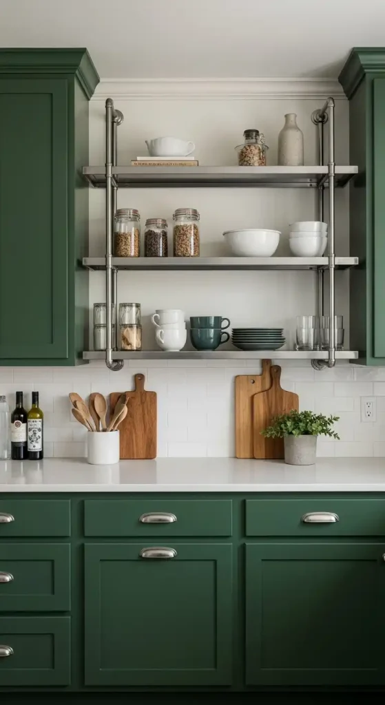 21. Bold Dark Green Kitchen with Open Metal Shelving