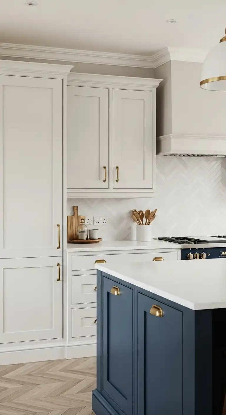 3) Two-Tone Cream and Navy Blue Cabinets