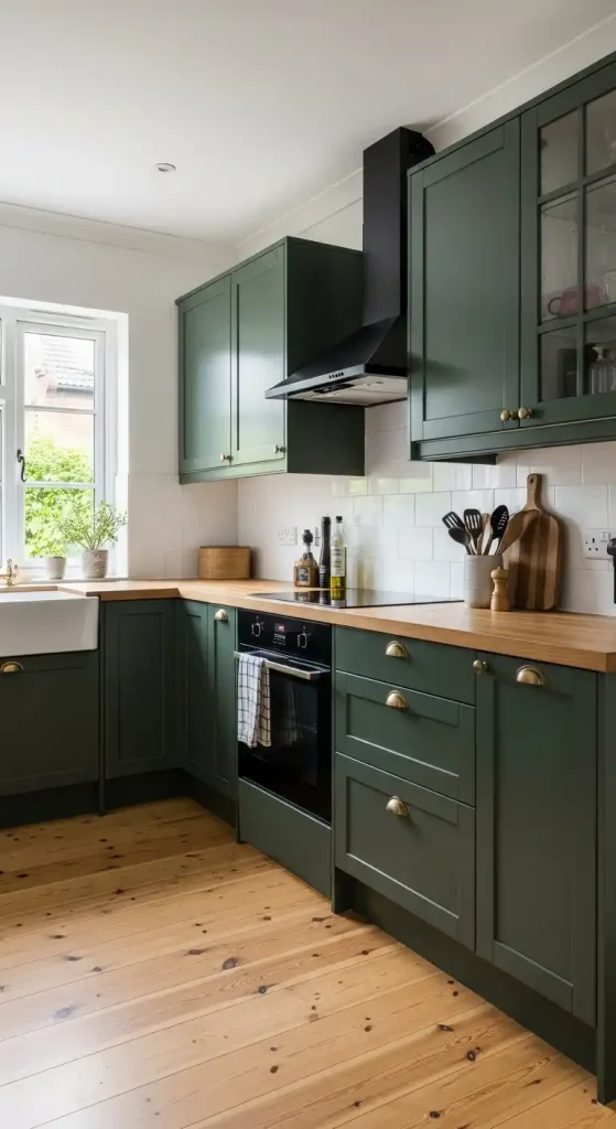 3. Dark Green Cabinetry with Light Wooden Floors